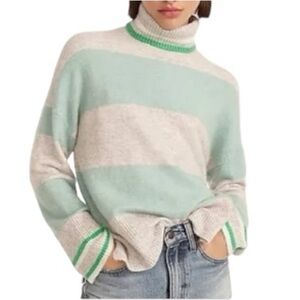 J. Crew Striped Turtleneck Super Soft Yarn Gray/Mint Green Sweater